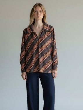 Union Made Vintage 70s Striped  Blouse Brown Rust Mod Disco Shirt Womens  Small